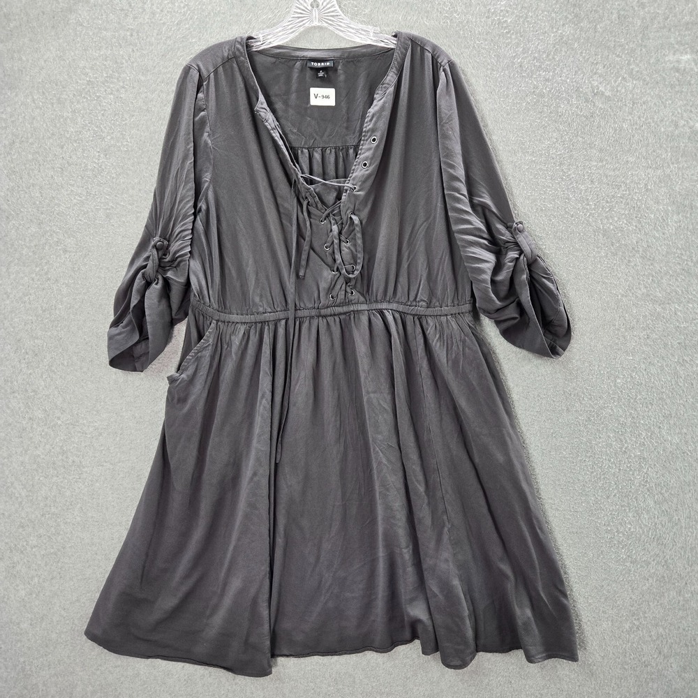 Torrid Women Dress 2‎ Gray Mini Challis Lace up Shirt Pockets